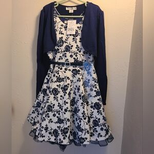 Knitworks NWT Girls Floral Dress White & Navy Blue w/ Sweater & Necklace Size 8